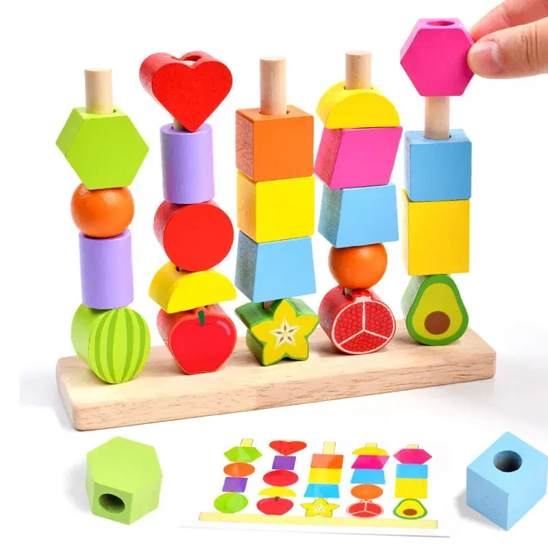 Montessori Wooden Toys Stacks Blocks Puzzle Game Colorful Beaded Fruit Color Shape Matching Early Educational Toys Gift for Kids