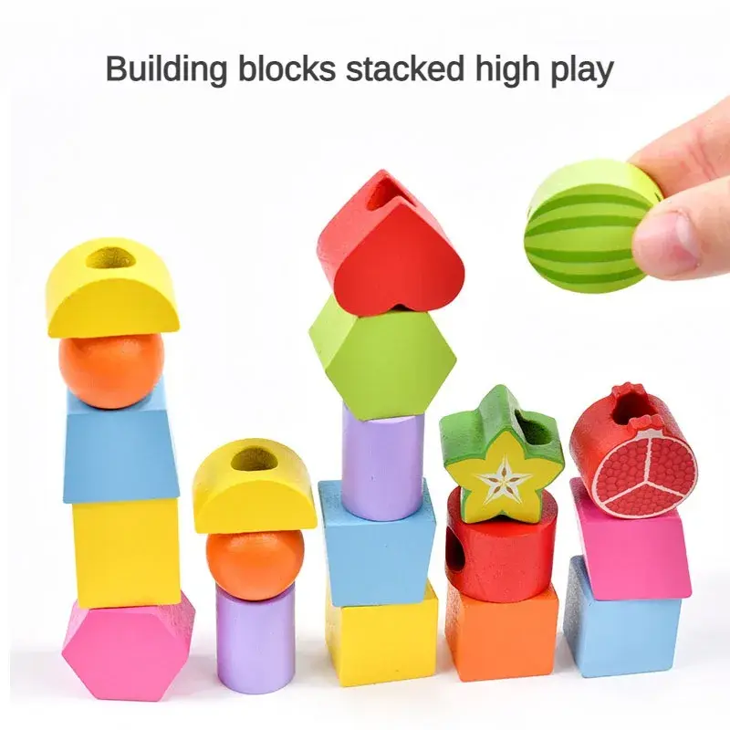 Montessori Wooden Toys Stacks Blocks Puzzle Game Colorful Beaded Fruit Color Shape Matching Early Educational Toys Gift for Kids