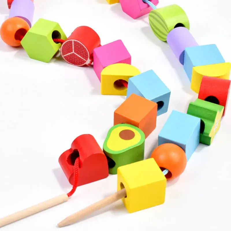 Montessori Wooden Toys Stacks Blocks Puzzle Game Colorful Beaded Fruit Color Shape Matching Early Educational Toys Gift for Kids