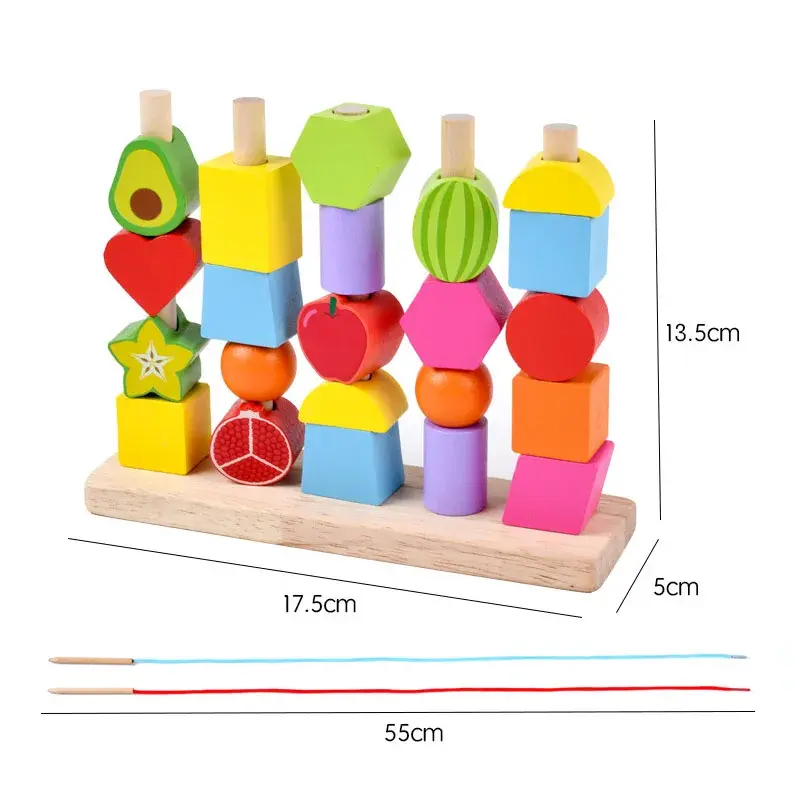 Montessori Wooden Toys Stacks Blocks Puzzle Game Colorful Beaded Fruit Color Shape Matching Early Educational Toys Gift for Kids