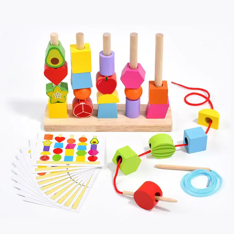 Montessori Wooden Toys Stacks Blocks Puzzle Game Colorful Beaded Fruit Color Shape Matching Early Educational Toys Gift for Kids