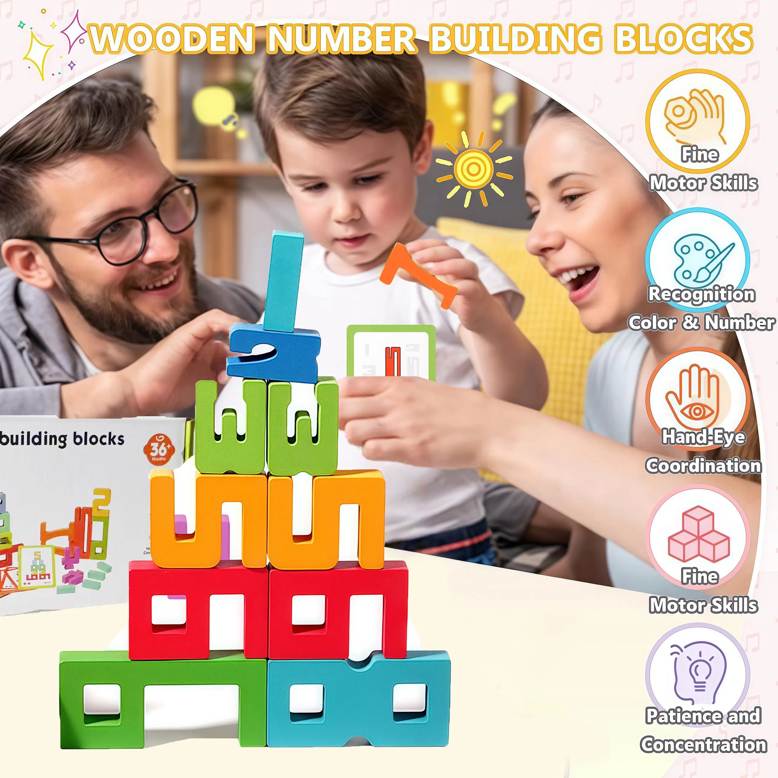 Wooden Number Buiding Blocks Montessori Creative Puzzle Stacking Toys Educational Toys Early Math Logical Thinking Development