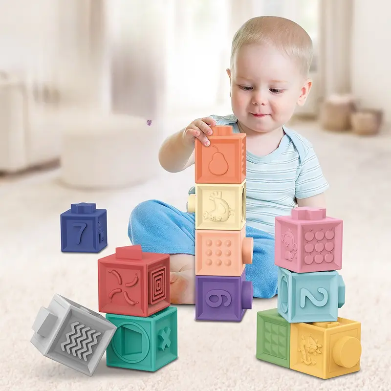 Montessori Toys for Baby Silicone Building Blocks Squeeze Babies Stacker & Teething Toys Early Learning Toy Toddler Boys Girls G