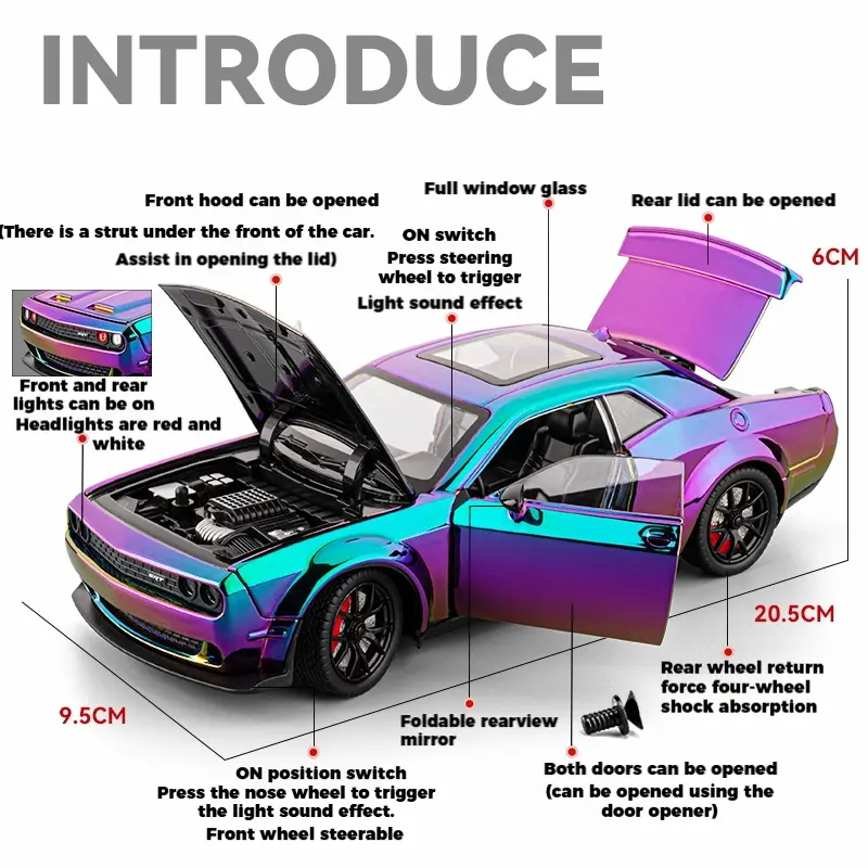 1:24 Dodge Challenger SRT Hellcat Redeye Electroplating Sports Car Alloy Metal Diecast Model Car Sound & Light Collectibles Gift
