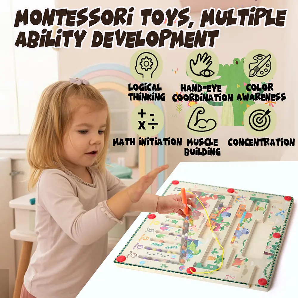 Magnetic Color and Number Maze Montessori Toys Wooden Puzzle Activity Board Learning Puzzle Counting Matching Toys for Toddlers