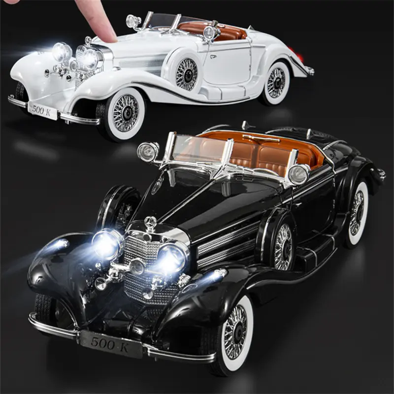 1:18 1936 Benzs 500K Alloy Classic Car Model Diecast Metal Retro Vehicles Car Model Simulation Sound and Light Children Toy Gift