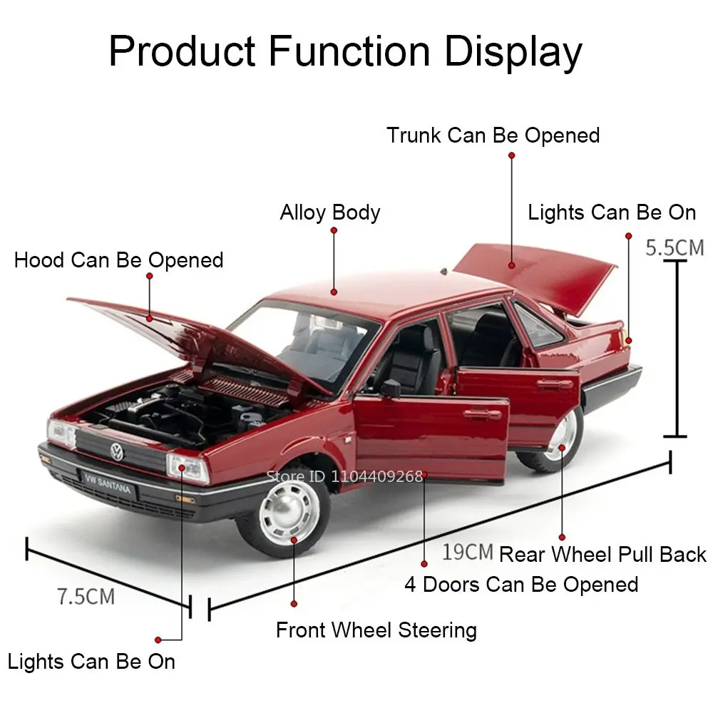1:24 Retro Santana Car Model Toy Doors Opened Sound Light Police Cars Alloy Diecast Coach Vehicle Models Collection Kids Gifts