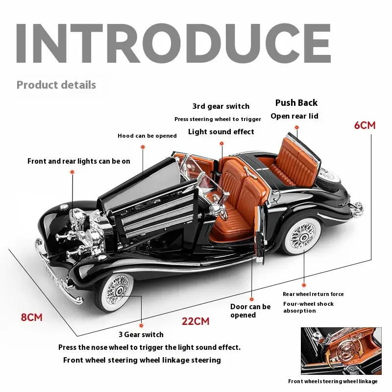 1:24 500K Classic car Alloy Metal Diecast Car Model Sound & Light Desktop Collection Hobby Ornaments Gift Boy C366