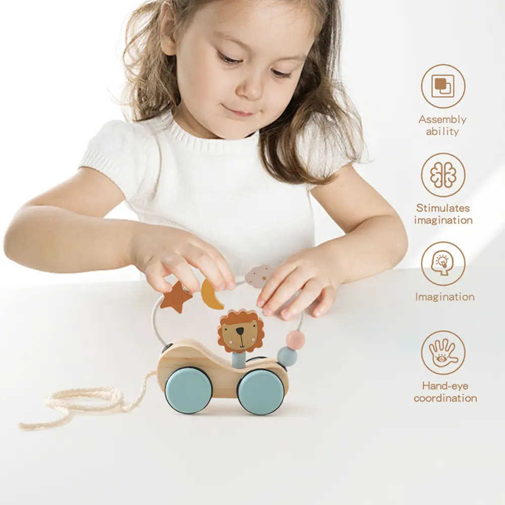 Montessori Wooden Baby Trailer Toys Multi-Function Colorful Cartoon Building Blocks Dragging Car Parent Child Game Toy Baby Gift