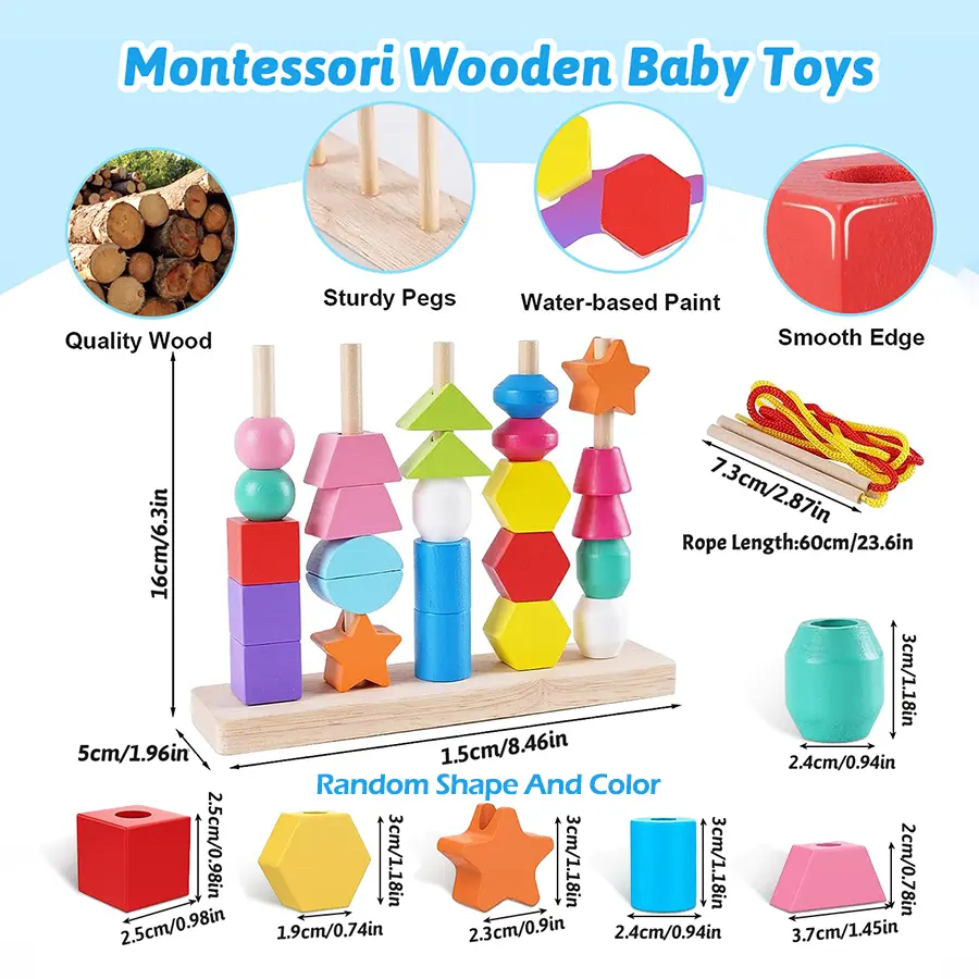 Montessori Wooden Beads Sequencing Toy Stacking Blocks & Lacing Beads & Matching Shape Stacker Montessori Learning Toys Gifts