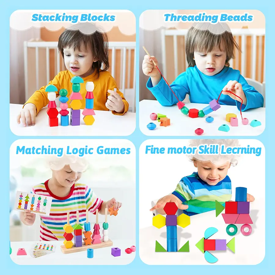 Montessori Wooden Beads Sequencing Toy Stacking Blocks & Lacing Beads & Matching Shape Stacker Montessori Learning Toys Gifts