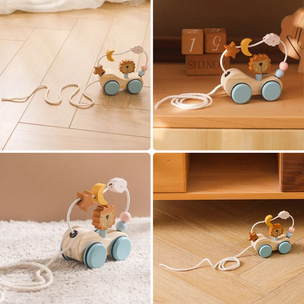 Montessori Wooden Baby Trailer Toys Multi-Function Colorful Cartoon Building Blocks Dragging Car Parent Child Game Toy Baby Gift