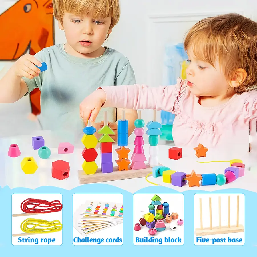 Montessori Wooden Beads Sequencing Toy Stacking Blocks & Lacing Beads & Matching Shape Stacker Montessori Learning Toys Gifts