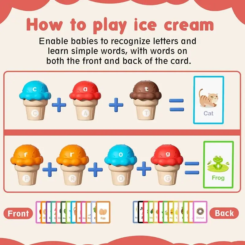 Montessori Toys Baby Ice Cream Preschool Alphabet Learning Counting Color Sorting Set Stacking Toys for Kids Christmas Gifts