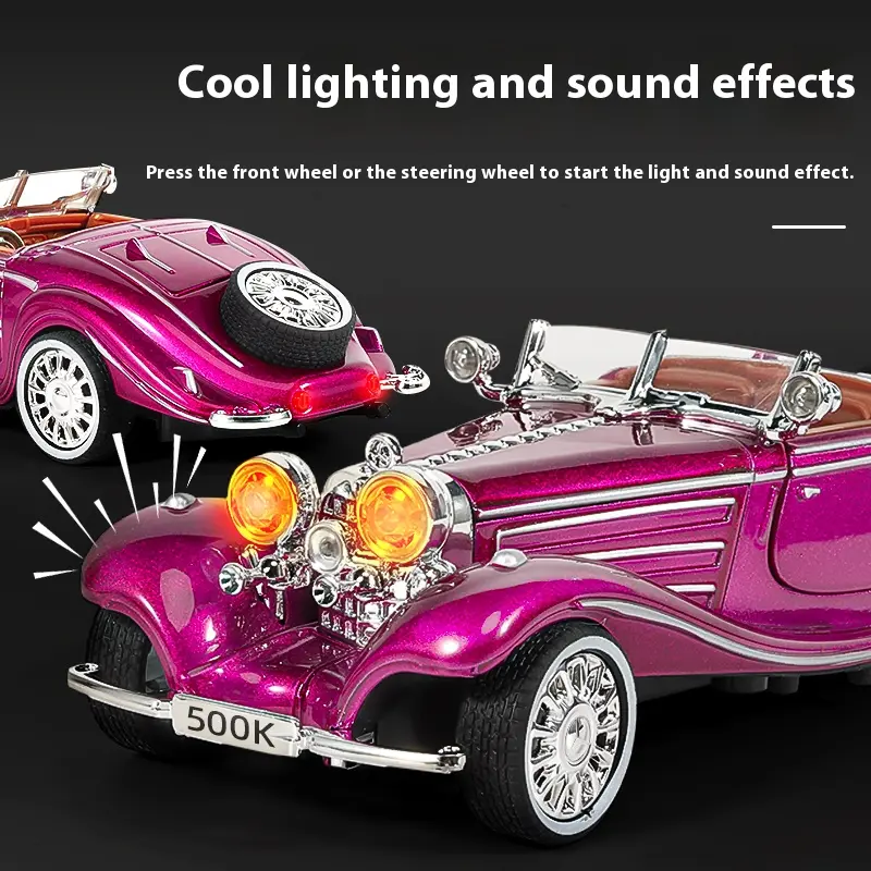 1:32 Mercedes Benz 500K 1936 Classic Alloy Metal Diecast Model Car Sound & Light Hobby Collectibles Birthday Gifts For Boyfriend