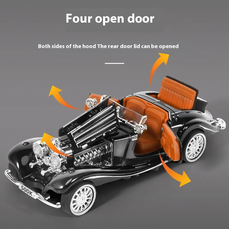 1:32 Mercedes Benz 500K 1936 Classic Alloy Metal Diecast Model Car Sound & Light Hobby Collectibles Birthday Gifts For Boyfriend
