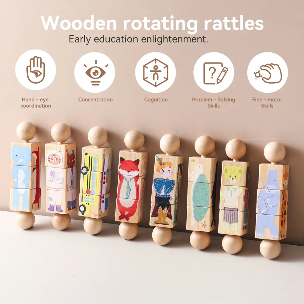 2PC Baby Wooden Rotating Jigsaw Puzzle Hand bell Toy Montessori Educational Sensory Cognition Toys Kid Wooden Music Rattle Toy