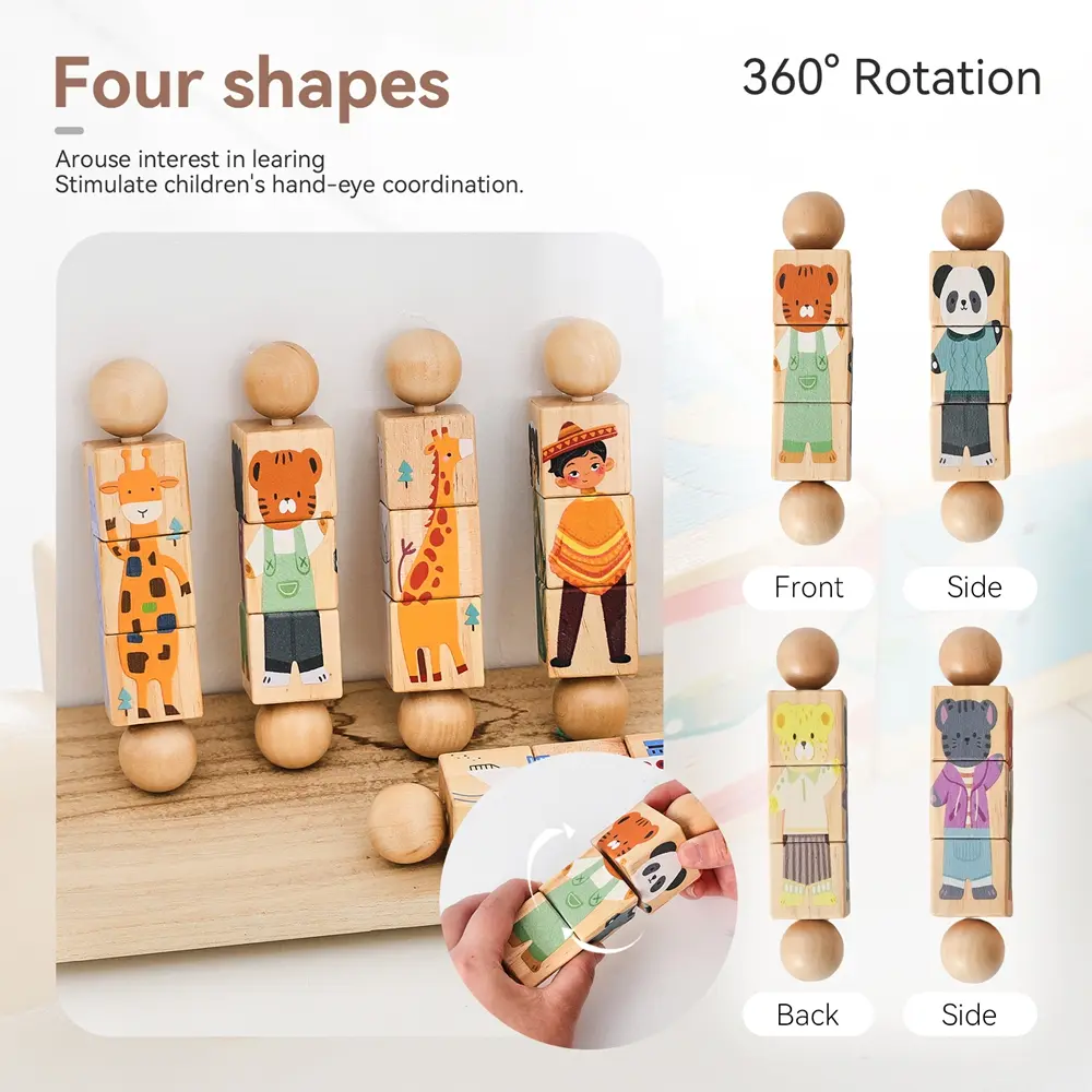 2PC Baby Wooden Rotating Jigsaw Puzzle Hand bell Toy Montessori Educational Sensory Cognition Toys Kid Wooden Music Rattle Toy