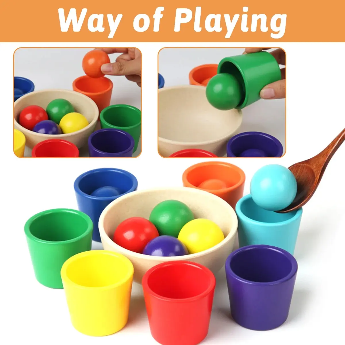 Baby Montessori Rainbow Ball in Cups Color Cognitive Matching Sorting Games Fine Motor Early Education Learning Toy Kid Gift