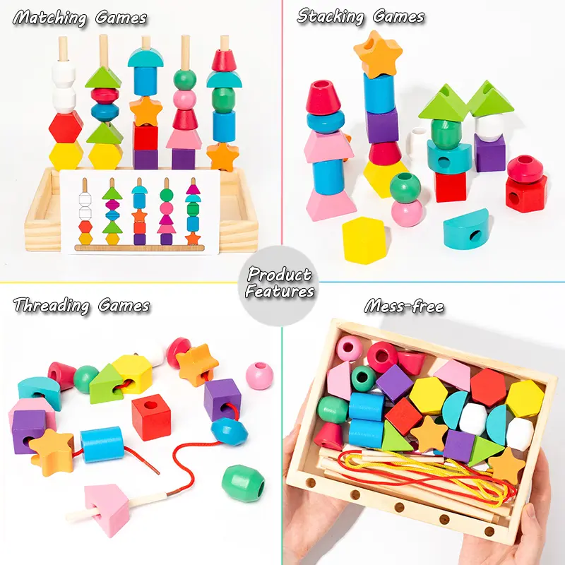 Toddler Wooden Montessori Toys Beads Sequencing Stacking Block Matching Shape Lacing Beads Threading Fine Motor Skills Toys Kids