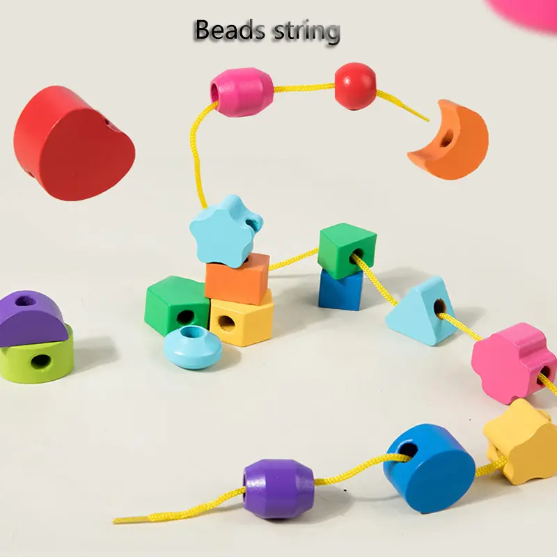 Toddler Wooden Montessori Toys Beads Sequencing Stacking Block Matching Shape Lacing Beads Threading Fine Motor Skills Toys Kids