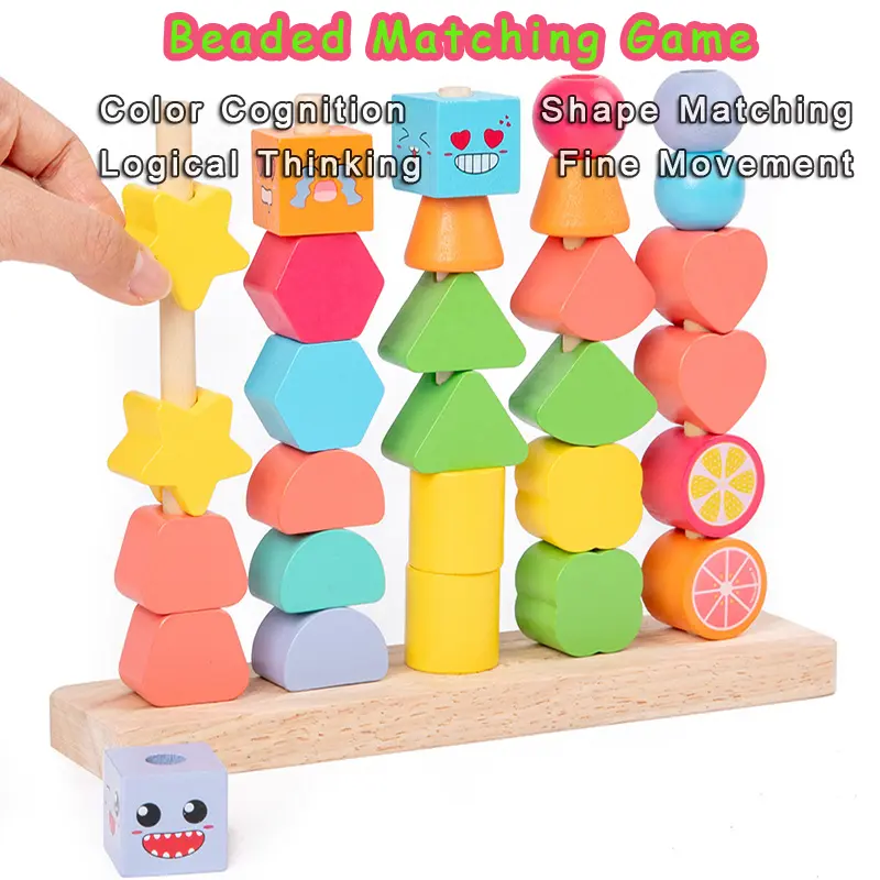 Toddler Wooden Montessori Toys Beads Sequencing Stacking Block Matching Shape Lacing Beads Threading Fine Motor Skills Toys Kids