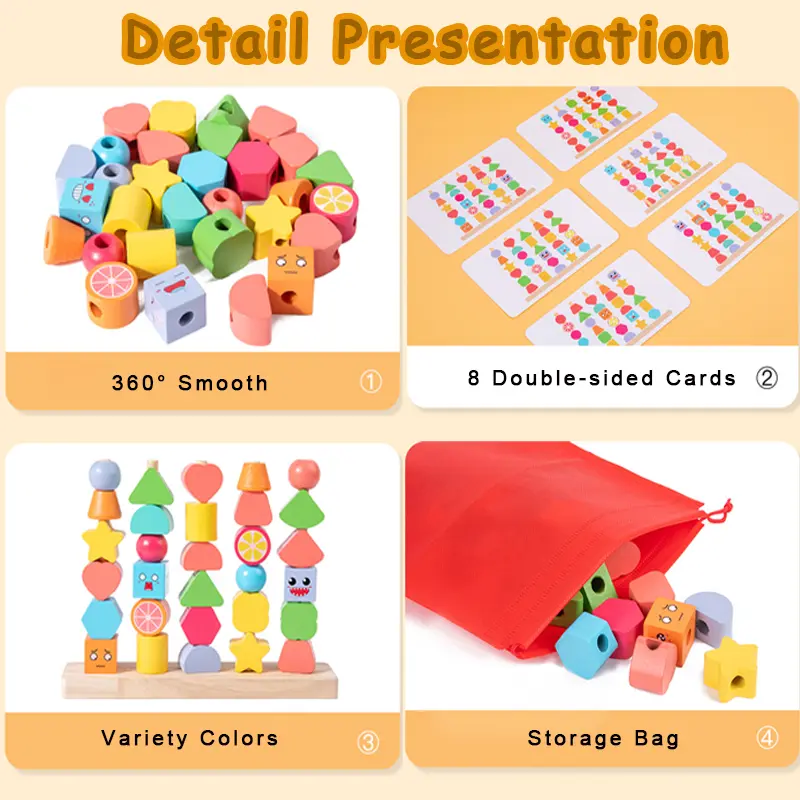 Toddler Wooden Montessori Toys Beads Sequencing Stacking Block Matching Shape Lacing Beads Threading Fine Motor Skills Toys Kids