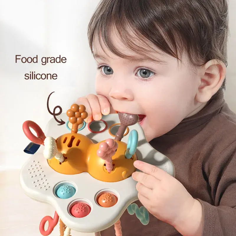 5 In 1 Montessori Pull String Developmental Baby Toys Cute Elephant Silicone Teething Toys for Babies Sensory Toys 1 2 3 Years