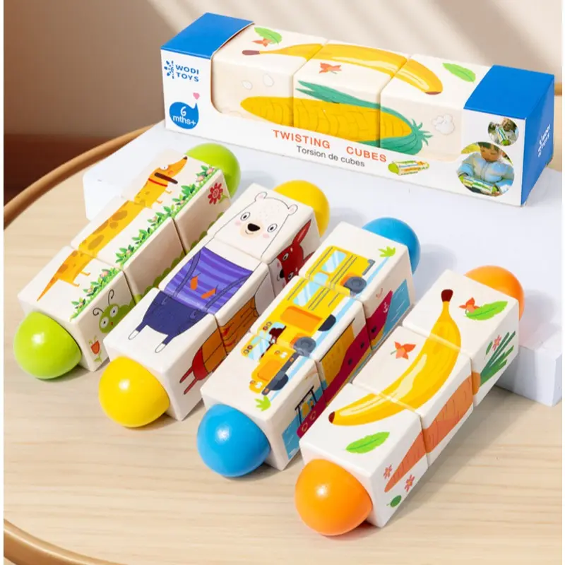 3D Wooden Jigsaw Puzzle Rotating Puzzle Building Blocks Kid Early Education Toy Animal Colour Shape Cognition Toys