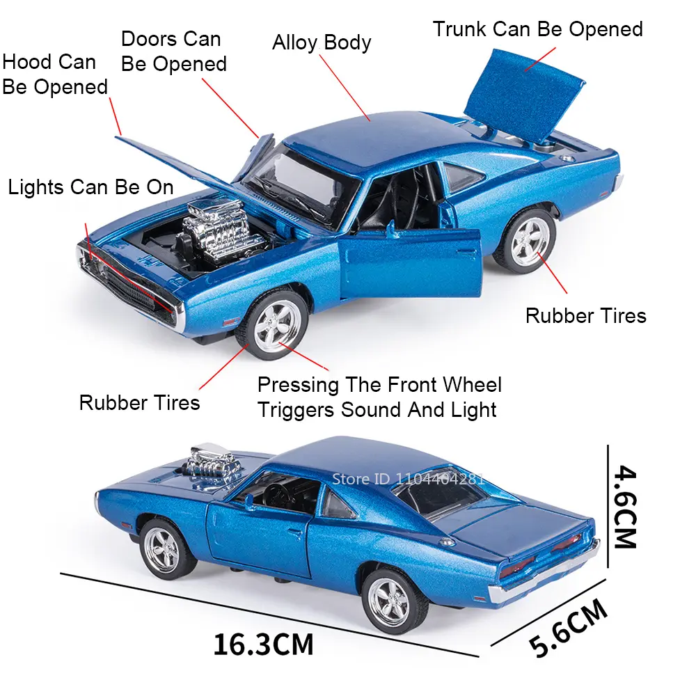 1:32 Eldorado Alloy Cars Charger 1970 Diecast Model Toy Sound Light Pull Back Door Opened Miniature Sports Car Collectibles Gift