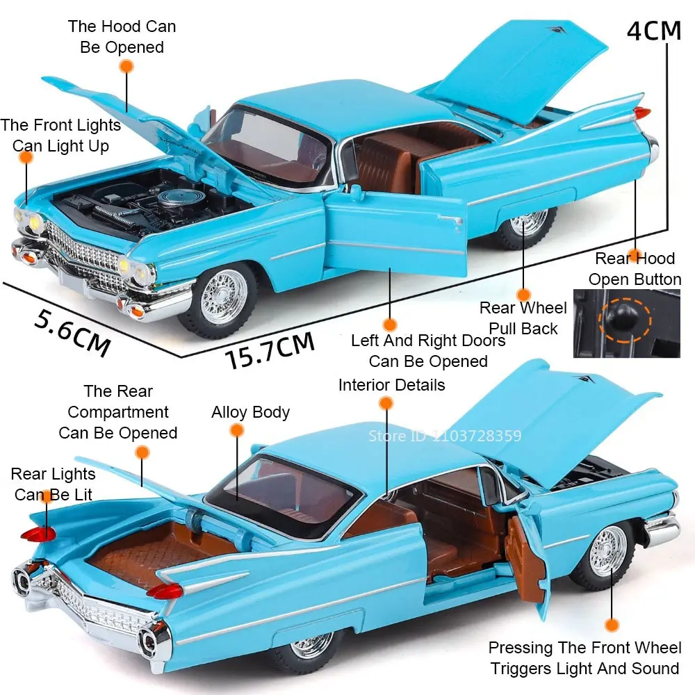 1:32 Eldorado Biarritz Charger 1970 Car Toy Models Alloy Diecast Vehicle Toys Sound Light Doors Opened Pull Back for Kid Gifts