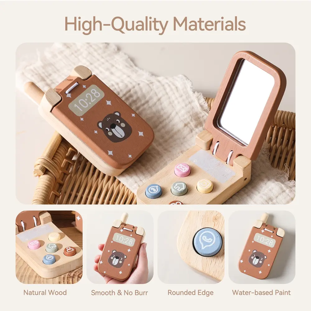 Montessori Baby Toys Cartoon Flip Cell Phone With Mirror Children Fingers Press And The Senses Touch The Toy Mobile Key Learning