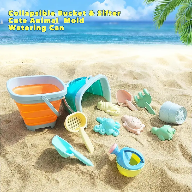 11-Piece Sand Toy Set Includes Foldable Sand Bucket Shovel and Sand Rake Toy Children's Beach Sand Playing Tool Set for Toddlers