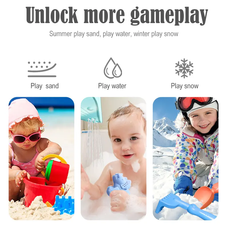 Children's beach toys, playing with sand, digging an hourglass, playing with water, shovels, buckets, and kettles, ages 1-6
