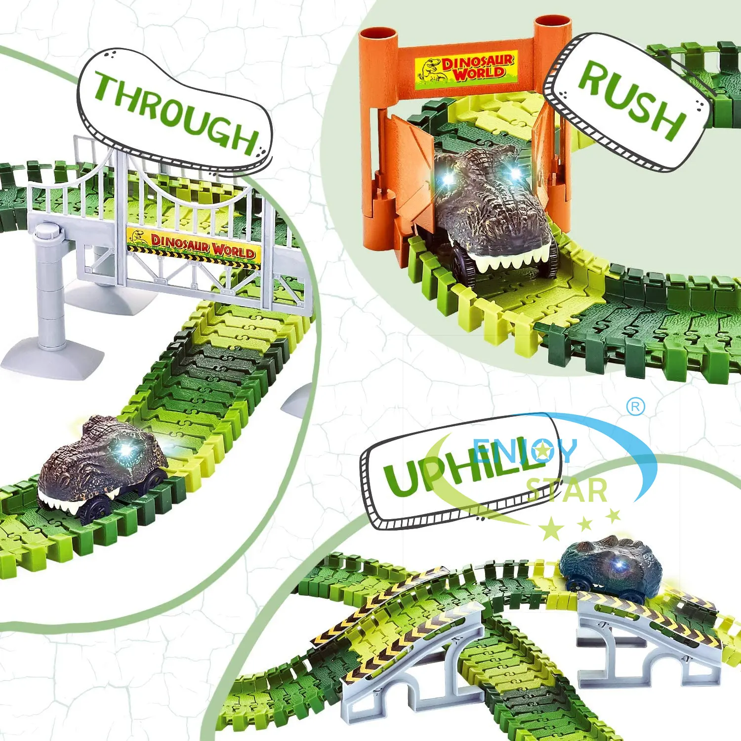 156pcs Dinosaur Railway Car Track Toy Set DIY Assemble Road Race Set with Flexible Track Dinosaur Toys Bridge Ramps Toys for Kid