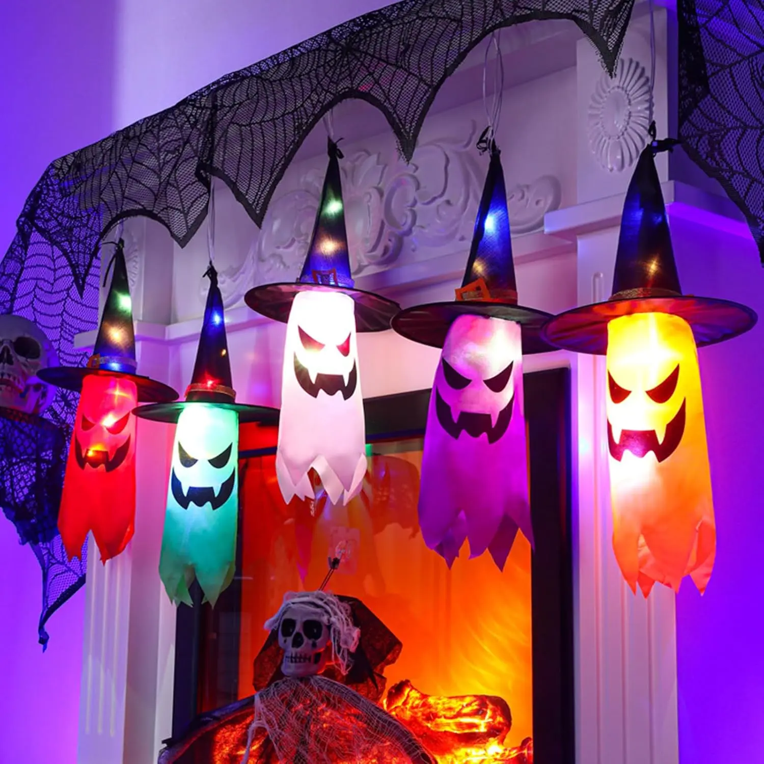Halloween Decorations Outdoor 5 PCS Hanging Halloween Lighted Glowing Ghost Witch Hat with LED String Lights for Party Garden