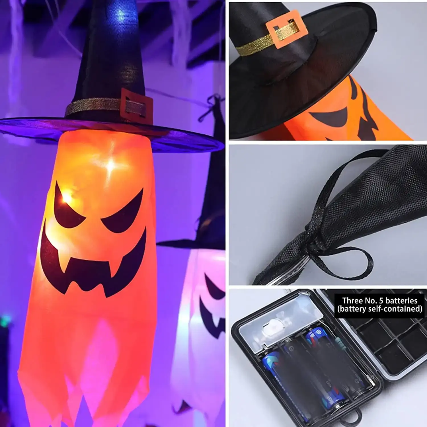 Halloween Decorations Outdoor 5 PCS Hanging Halloween Lighted Glowing Ghost Witch Hat with LED String Lights for Party Garden