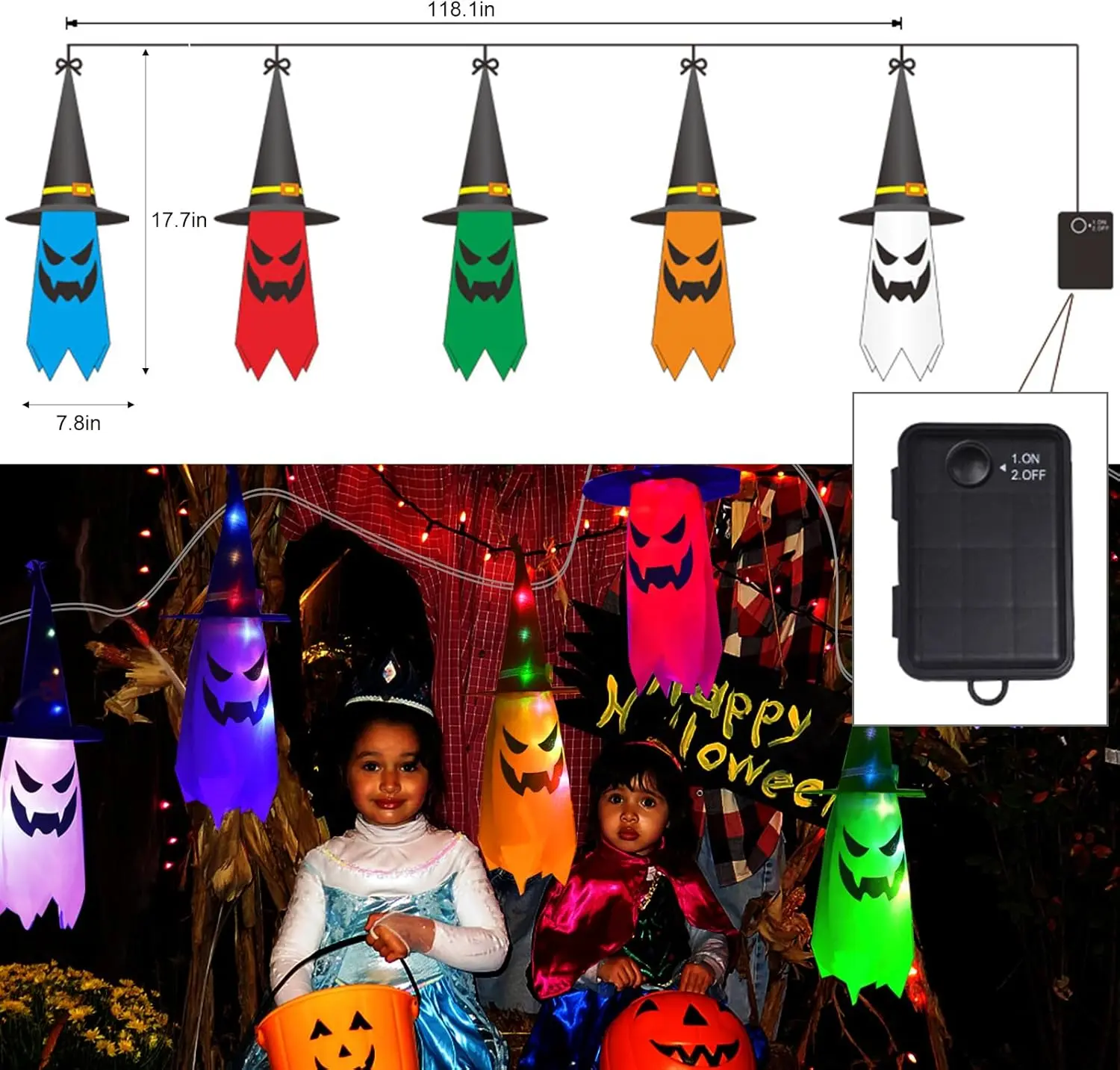 Halloween Decorations Outdoor 5 PCS Hanging Halloween Lighted Glowing Ghost Witch Hat with LED String Lights for Party Garden