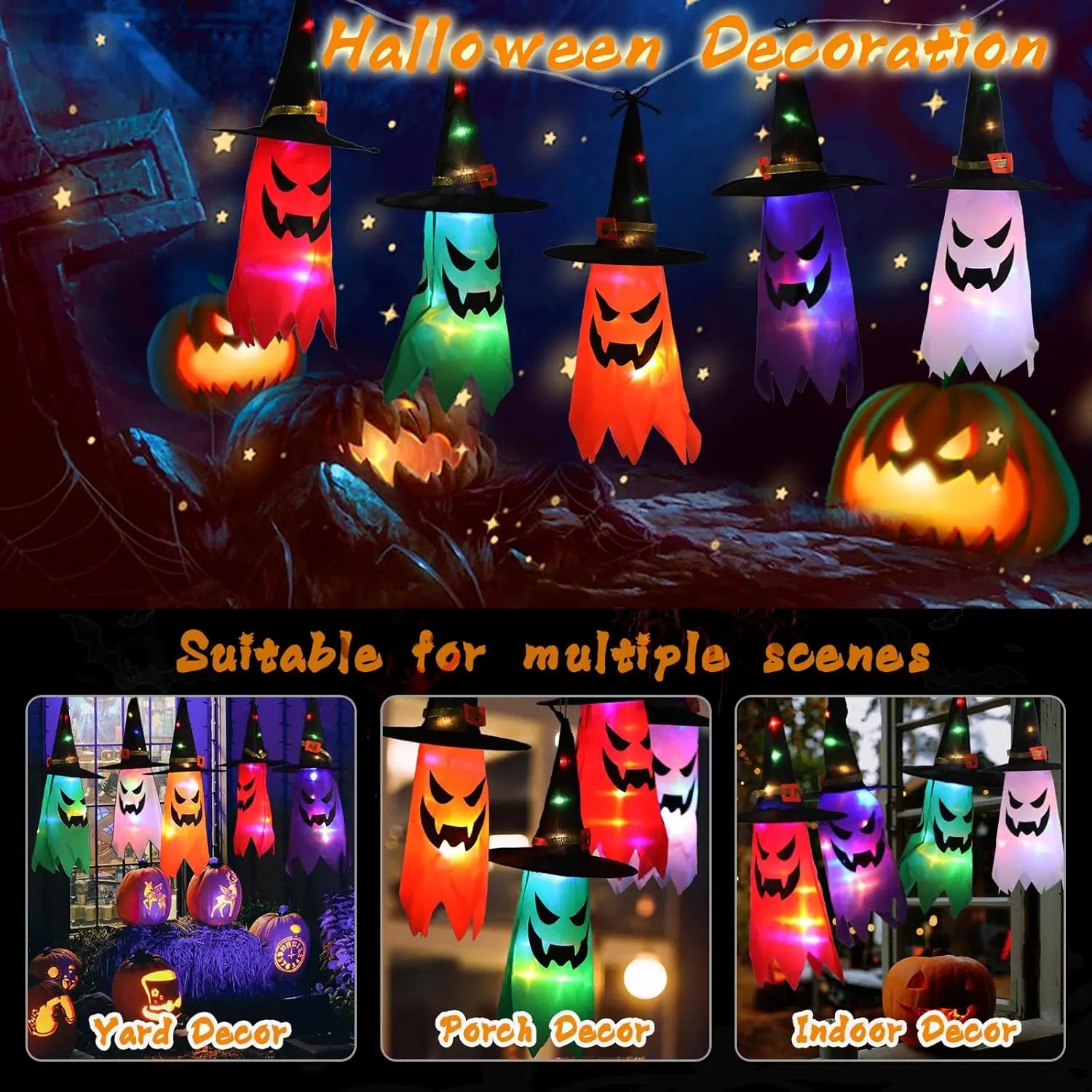 Halloween Decorations Outdoor 5 PCS Hanging Halloween Lighted Glowing Ghost Witch Hat with LED String Lights for Party Garden