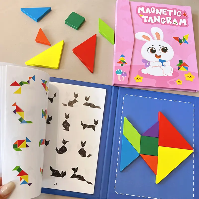 Wooden Jigsaw Magnetic Tangram 3D Puzzle Book Educational Toys For Children Montessori learning  Intelligence Games kids Gifts