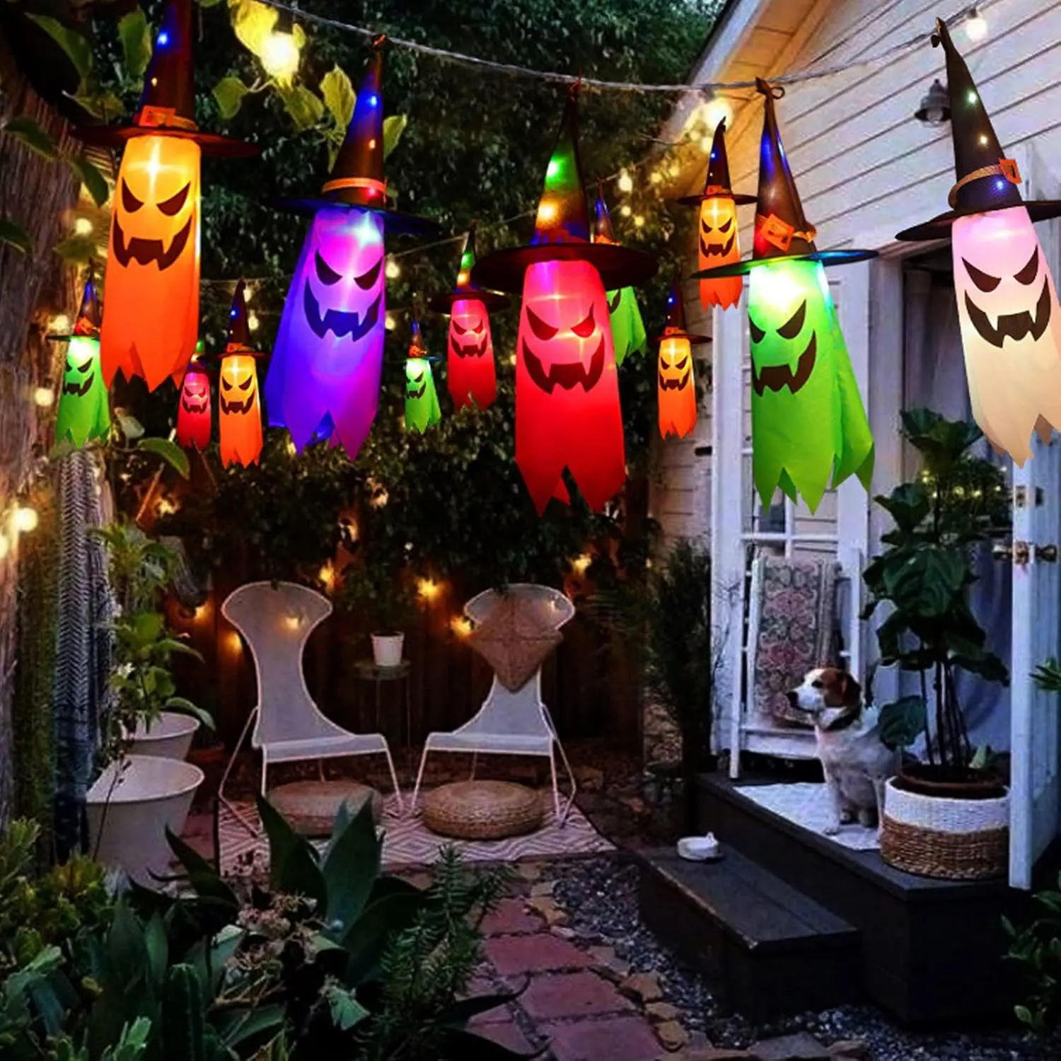 Halloween Decorations Outdoor 5 PCS Hanging Halloween Lighted Glowing Ghost Witch Hat with LED String Lights for Party Garden