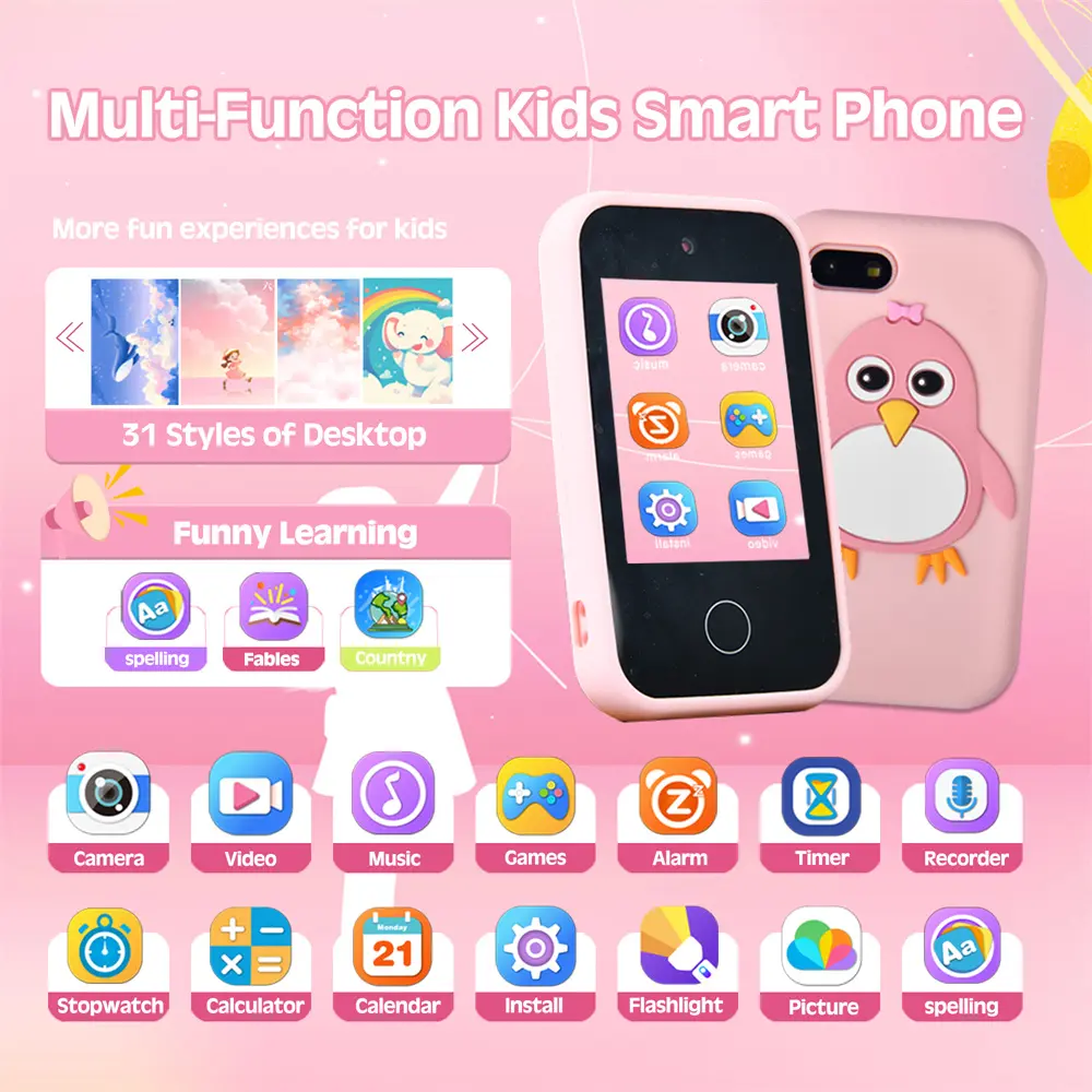Kids Smart Phone Educational Toys Dual Camera Music Player Baby Phone 32G Memory with Lanyard Game Learning for Age 3-12 Gifts
