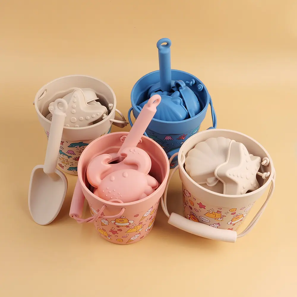 6Pcs/Set Summer Children's Beach Toys Set Silicone Bucket, Shovel 4 Sand Molds Sand Toys For Toddlers Perfect for Outdoor Fun