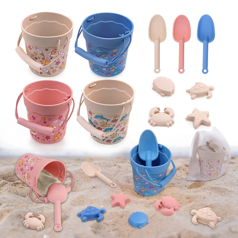 6Pcs/Set Summer Children's Beach Toys Set Silicone Bucket, Shovel 4 Sand Molds Sand Toys For Toddlers Perfect for Outdoor Fun