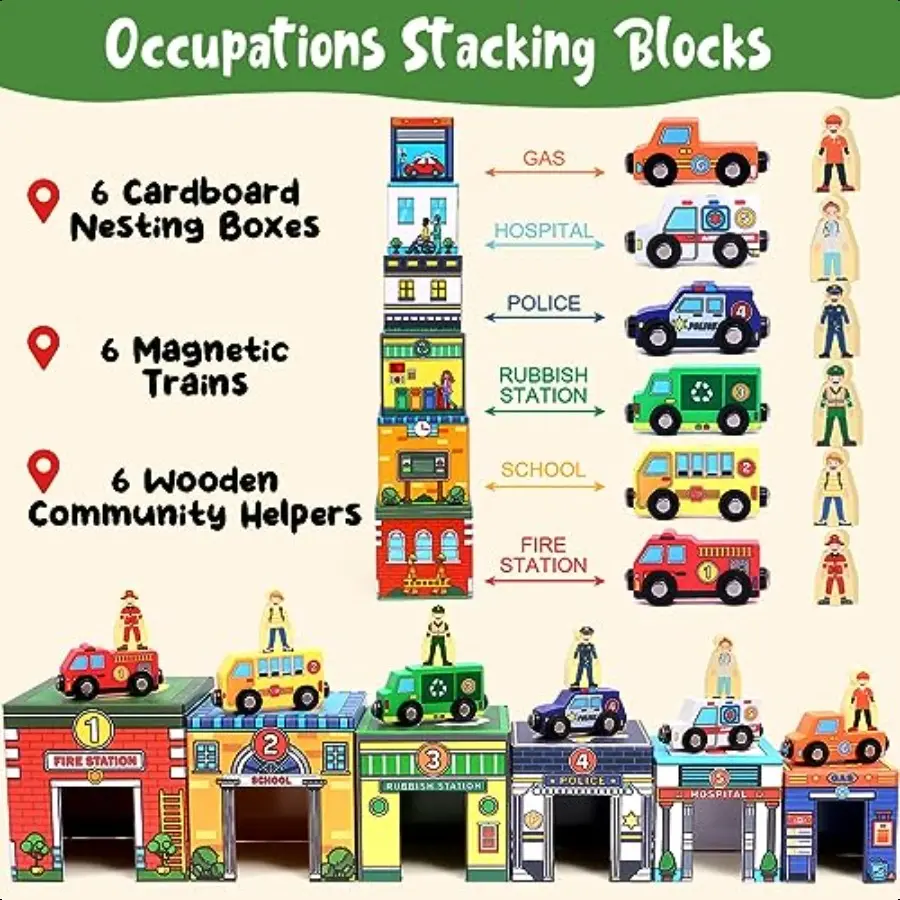 Atoylink Toddler Sorting and Stacking Toys with Magnetic Wooden Cars Community Helpers Baby Number Blocks Nesting Boxes Prescho