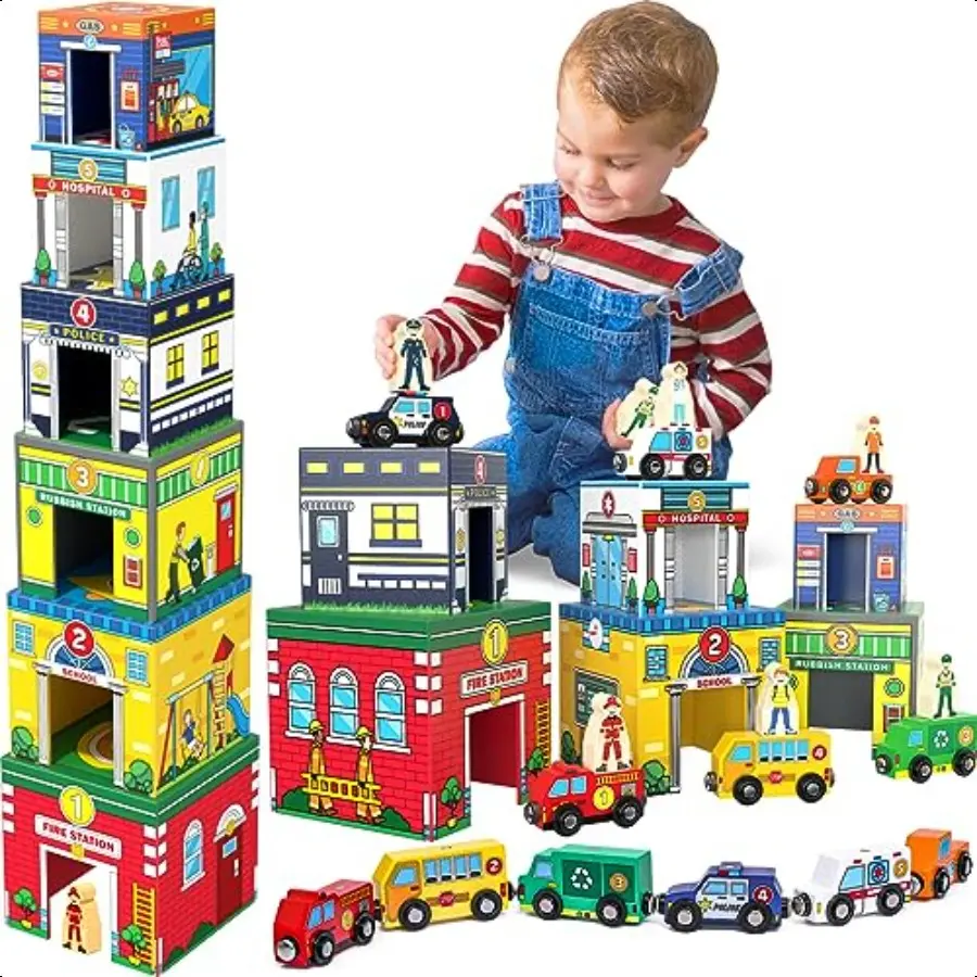 Atoylink Toddler Sorting and Stacking Toys with Magnetic Wooden Cars Community Helpers Baby Number Blocks Nesting Boxes Prescho