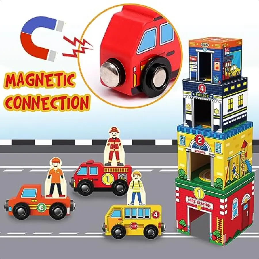 Atoylink Toddler Sorting and Stacking Toys with Magnetic Wooden Cars Community Helpers Baby Number Blocks Nesting Boxes Prescho