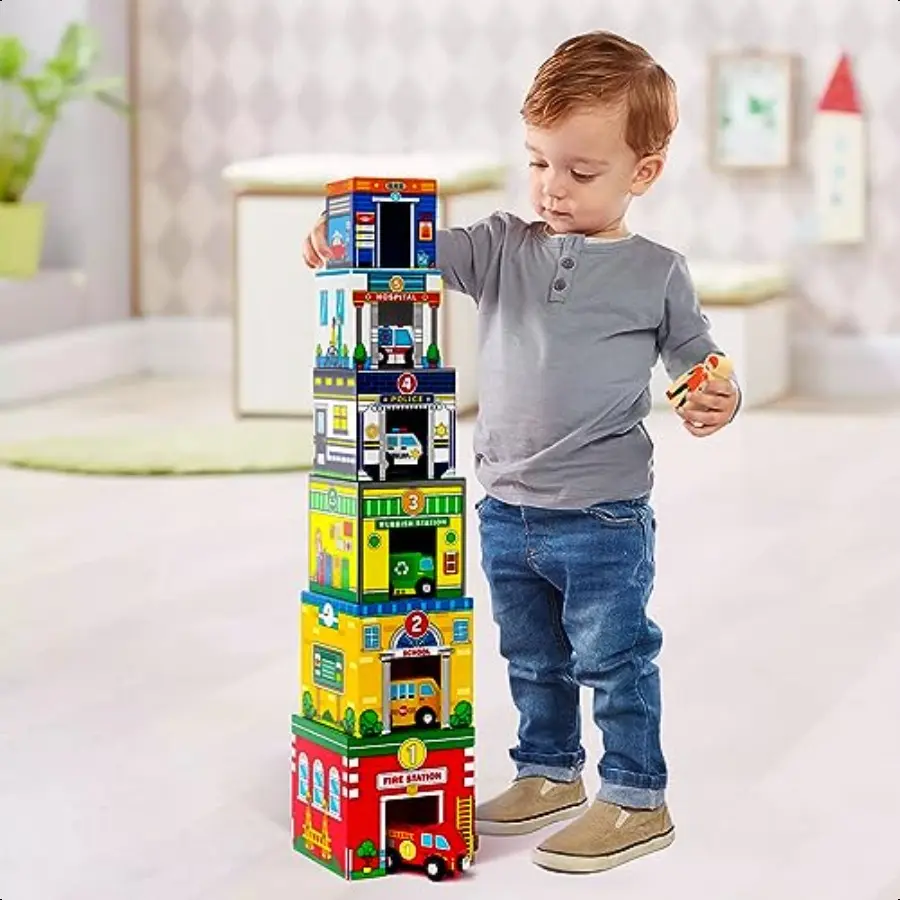 Atoylink Toddler Sorting and Stacking Toys with Magnetic Wooden Cars Community Helpers Baby Number Blocks Nesting Boxes Prescho