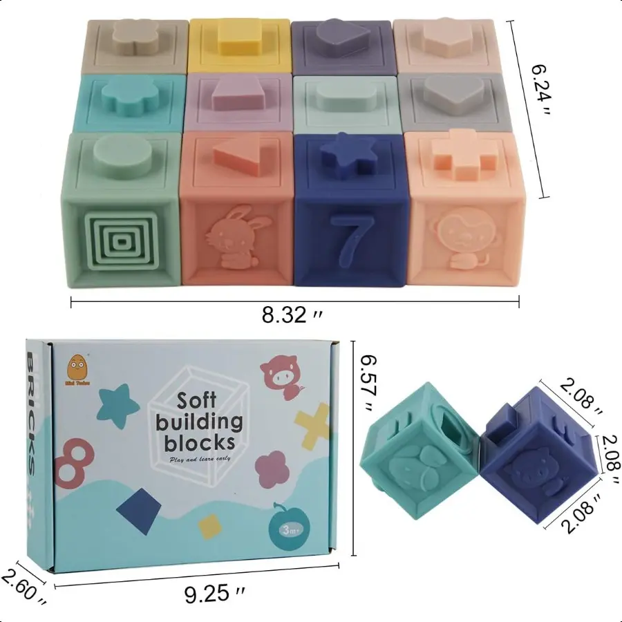Mini Tudou Baby Blocks Soft Building Blocks Baby Toys Teethers Toy Educational Squeeze Play with Numbers Animals Shapes Texture