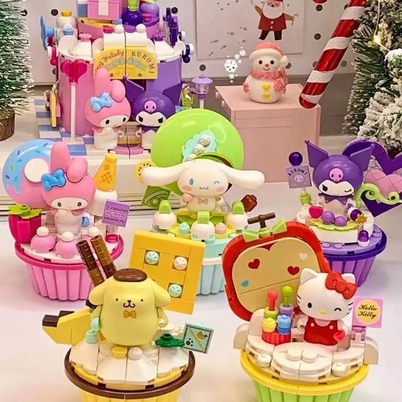 Original Sanrio Anime Cartoon Cake Cup Model DIY Assembled Blocks Figure Hello Kitty Kuromi My Melody Pre-teaching Puzzle Toys